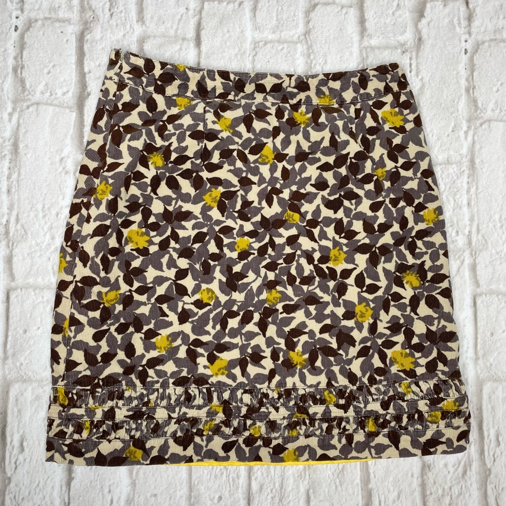 Boden Corduroy Floral Skirt Women’s 6 Brown Yellow Ruched Hem Leaves Lined